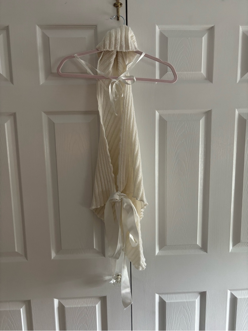 Cream Ribbed Knit Scarf with Satin Tie Details